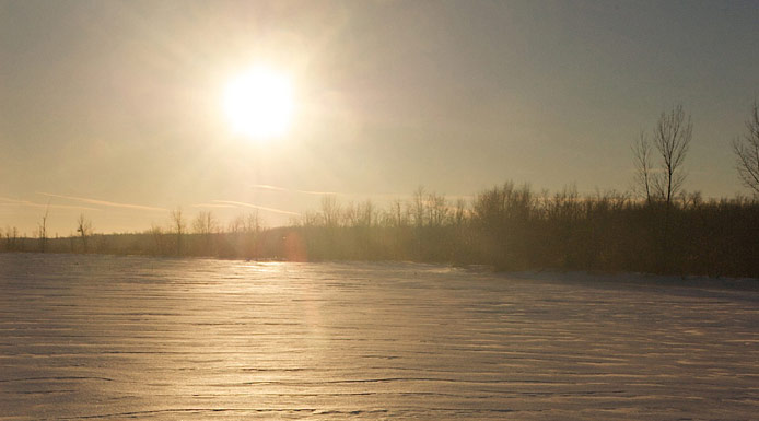 Reflection of sun on a frozen marsh