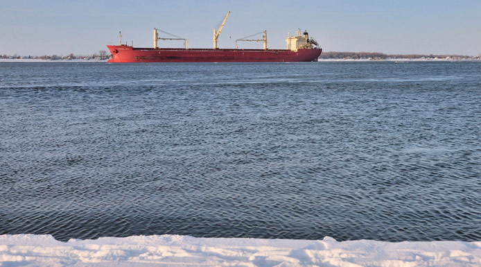 Ship in the St. Lawrence River during winter