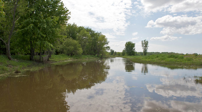 Trees and sky are reflected on the water of a channel.