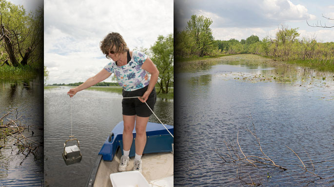 The Ekman grab held above water by a biologist.