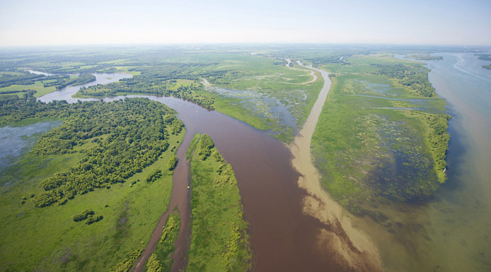 Yamaska and Saint-François Rivers joining at the St. Lawrence River