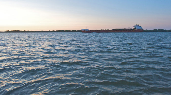 Red ship in the waterway